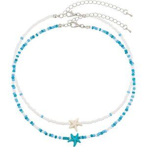 Bohemian Beaded Necklace for Women Layered Choker with Blue Starfish Pendant